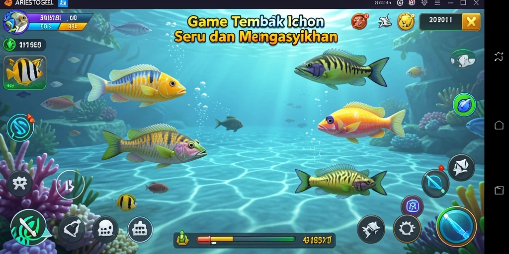 Screenshot gameplay ARIESTOGEL menampilkan aksi menembak ikan yang seru.