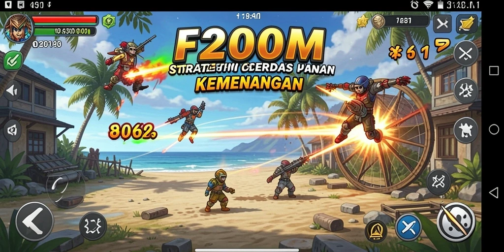 Screenshot F200M menampilkan pertempuran strategi yang mendebarkan.