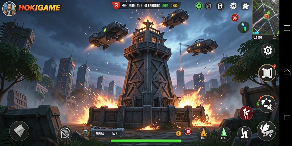 Tampilan gameplay HOKIGAME yang mendebarkan dengan menara pertahanan strategis.