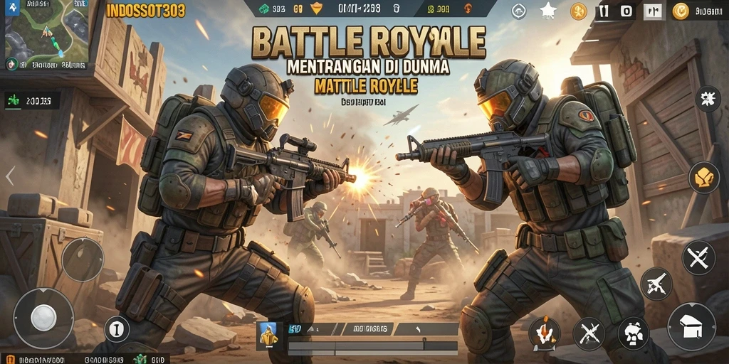 Tampilan gameplay menegangkan di INDOSLOT303 saat bertarung di arena Battle Royale.