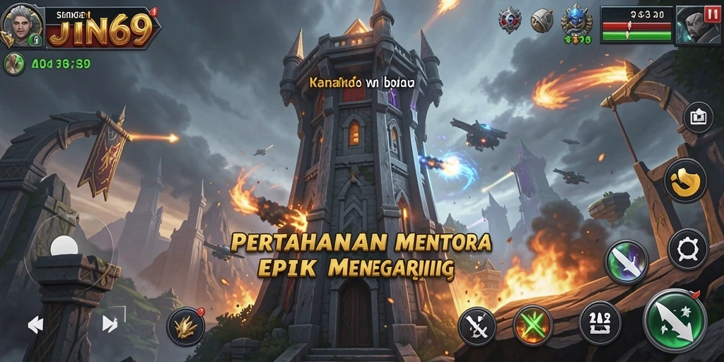 Screenshot utama JIN69 menampilkan aksi seru pertahanan menara.