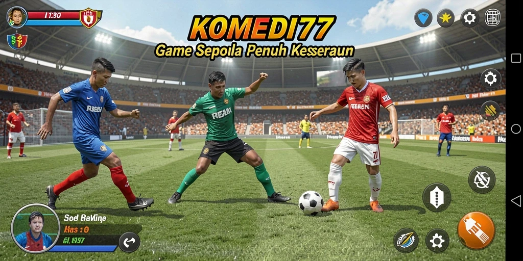 Screenshot menunjukkan aksi seru di lapangan sepak bola.