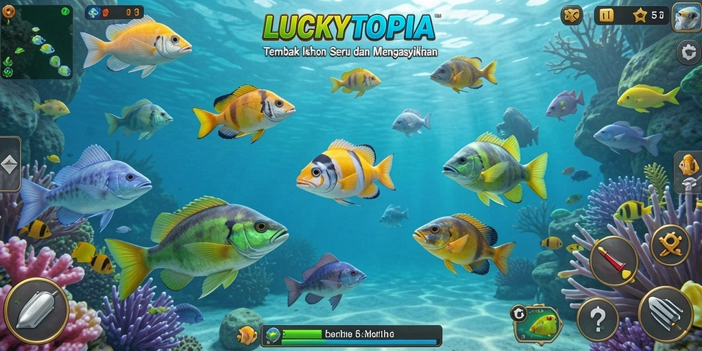 Tampilan gameplay LUCKYTOPIA yang penuh aksi tembak ikan.