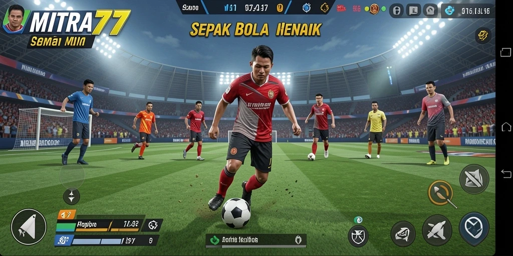 Screenshot utama MITRA77 menampilkan aksi seru di lapangan sepak bola.
