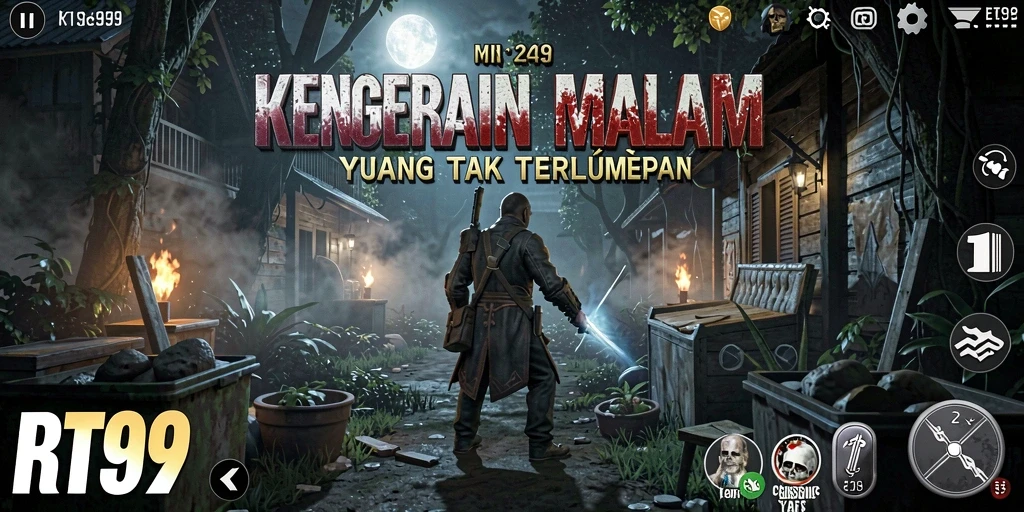 Tangkapan layar gameplay RT99 yang menampilkan suasana menyeramkan dan efek visual.